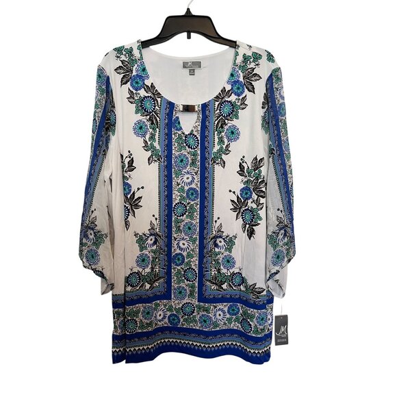 JM Collection Womens Keyhole 3/4 Sleeve Graphic Top 2X Blue/Green Herb Garden - Picture 1 of 6